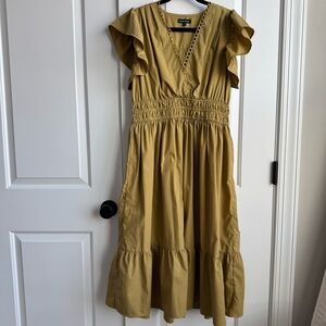 Meadow Rhodes Mustard Midi Dress Flutter Sleeve Smocked Waist L